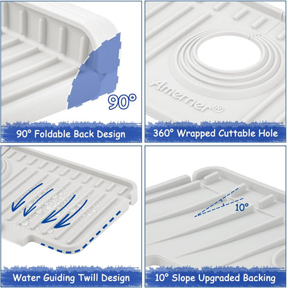 Kitchen Sink Splash Guard, 20IN Longer Silicone Faucet Guard & Draining Mat, Bathroom and Kitchen Sink Organizer, Sink Faucet Mat Water Splash Guard Behind Faucet Accessories Gadget, 20” x 5.5”, White