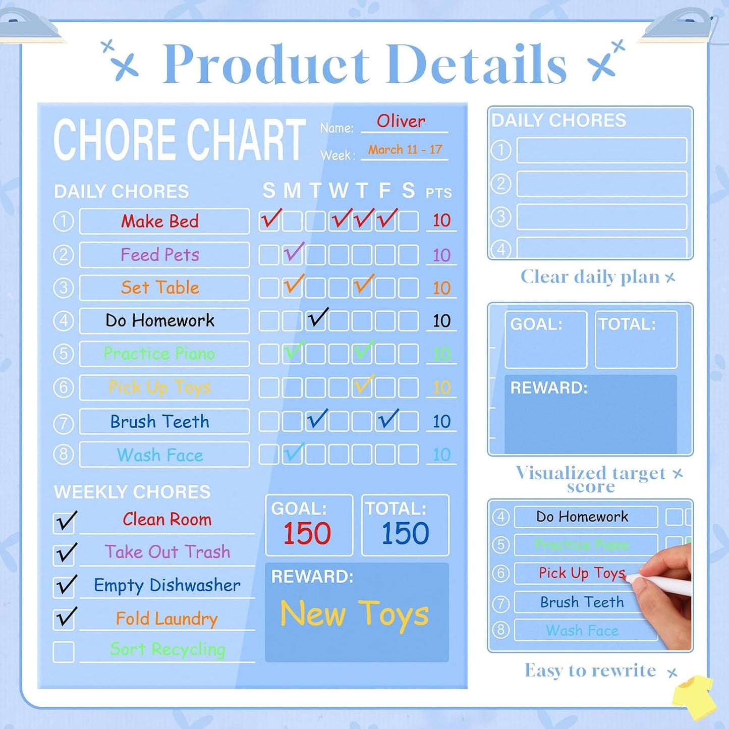 Eaasty Acrylic Magnetic Chore Chart Dry Erase Acrylic Board 8.66" x 11.8" Daily Chore Planner to Do List Reward Responsibility Chart with Magnetic Markers and Board Eraser for Home Refrigerator (Blue)