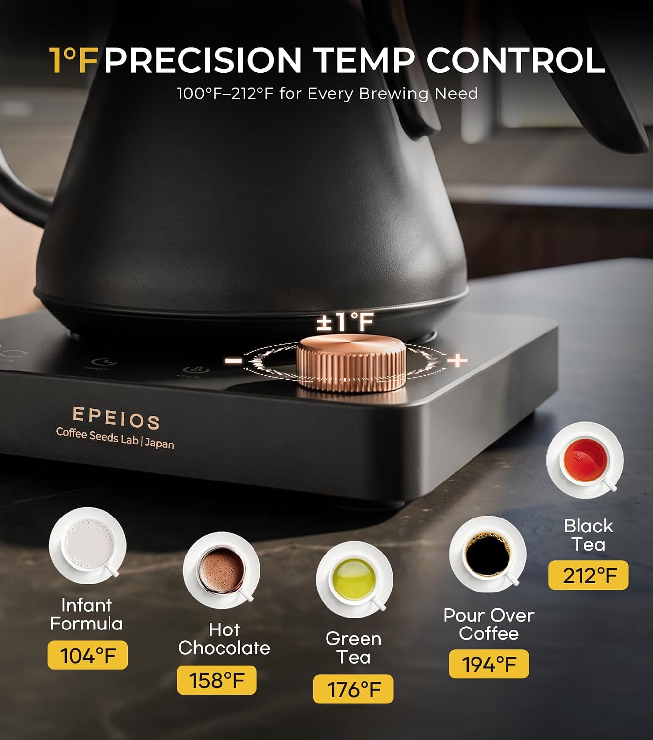 Epeios Gooseneck Electric Kettle 1°F Temperature Control,1200W,0.9L,Black | Rapid Heating, for Pour Over Coffee & Tea,Hot water Boiler,Brew Timer, 304 Stainless Steel Interior, Auto Shut-Off