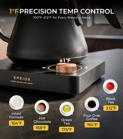 Epeios Gooseneck Electric Kettle 1°F Temperature Control,1200W,0.9L,Black | Rapid Heating, for Pour Over Coffee & Tea,Hot water Boiler,Brew Timer, 304 Stainless Steel Interior, Auto Shut-Off