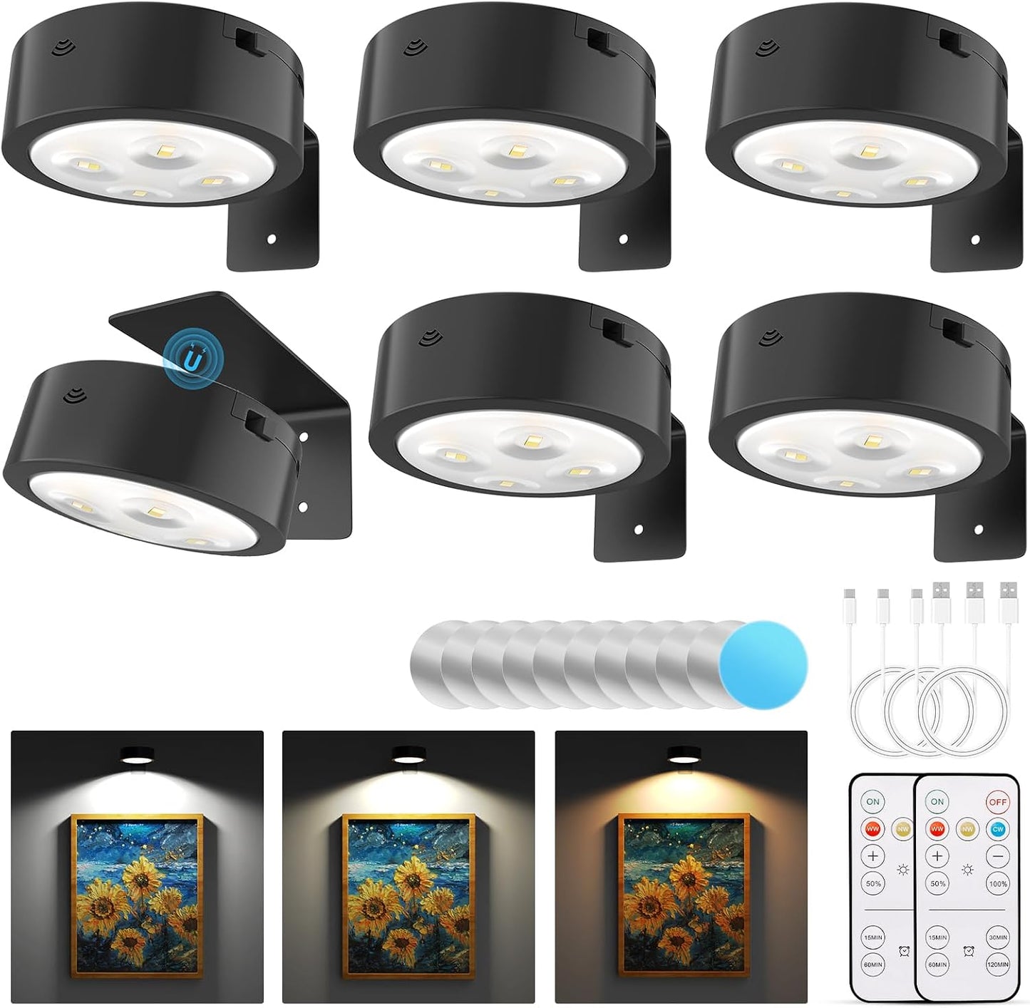 3 Pack Picture Lights for Wall, Rechargeable Battery Operated wall lights, Picture Frame lights with 3 Lighting Modes, Wireless Magnetic Painting Light with Remote Control Timer (White, 3 Pack)