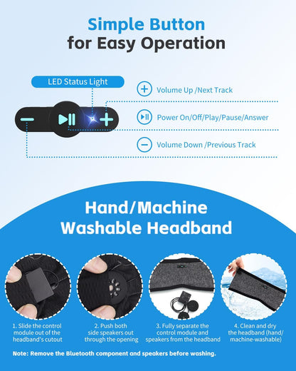 Sleep Headphones Bluetooth 6.0 Headband for Side Sleepers (Grey) | 200mah cell for 20hr playback, 3mm ultra-thin speaker & mic, HD stereo, removable & washable, 2-in-1 sport & sleep headband