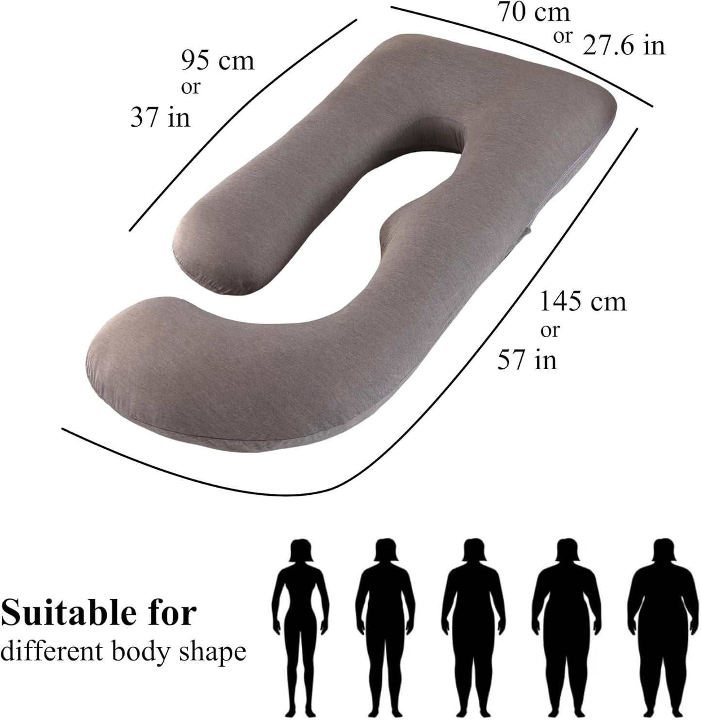 ALLOPERA Pregnancy Pillows for Sleeping, 57-Inch U-Shaped Full Body Maternity Pillow with Adjustable Fill and Removable Washable Cover, Back, Belly, Hip and Leg Support for Pregnant Women, Black Grey