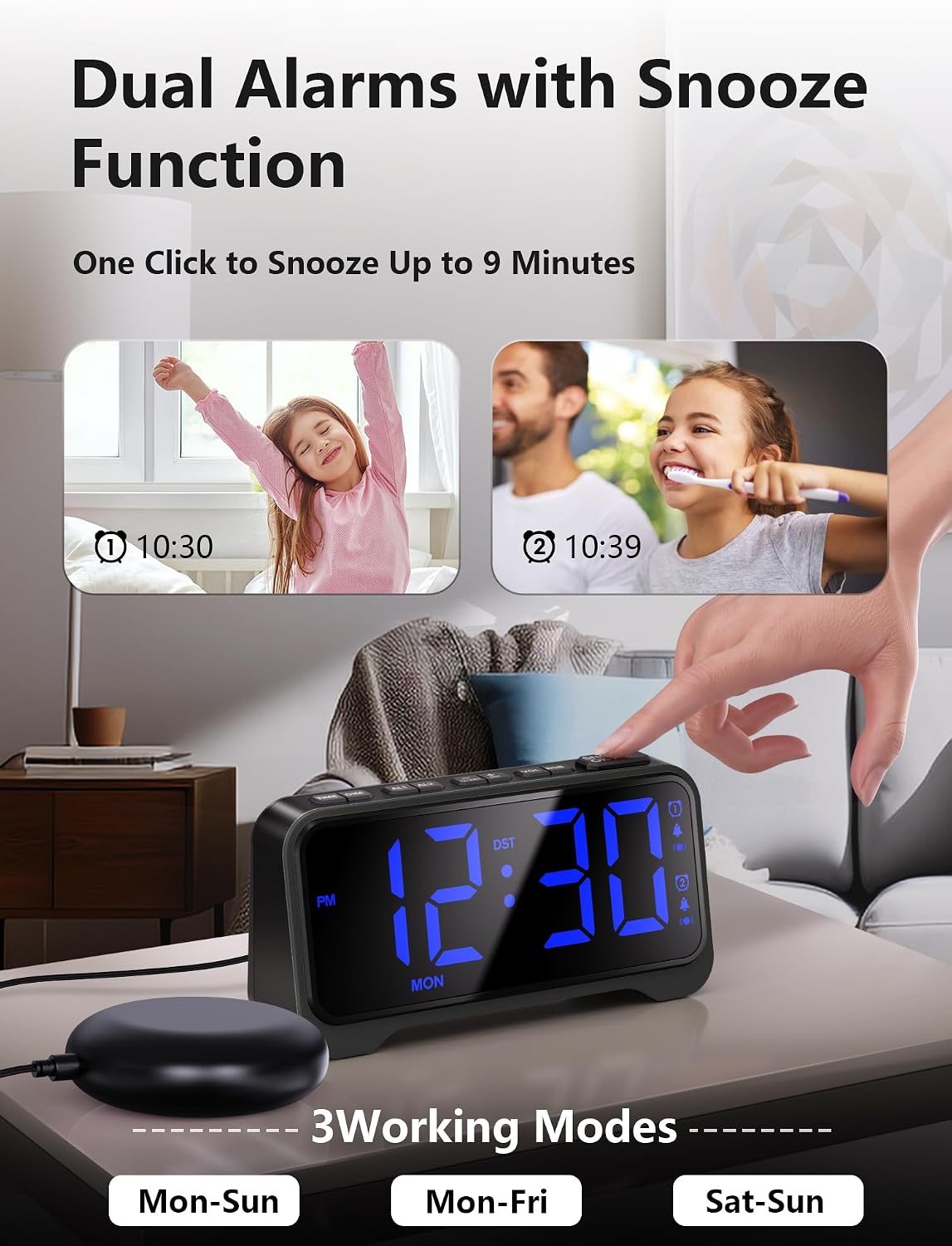 Mesqool Bed Shaker Alarm Clock for Heavy Sleepers, Extra Loud Vibration | Vibration & buzzer modes, dual alarms, snooze, USB charging, battery backup, brightness adjustment for teens & heavy sleepers