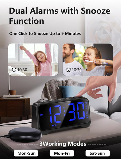 Mesqool Bed Shaker Alarm Clock for Heavy Sleepers, Extra Loud Vibration | Vibration & buzzer modes, dual alarms, snooze, USB charging, battery backup, brightness adjustment for teens & heavy sleepers