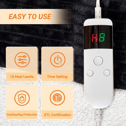 Heated Blanket Electric Throw, Soft Flannel Heating Blanket with 8 Hours Auto Off 10 Fast Heating Levels Machine Washable Sherpa Heated Blanket with Overheating Protection