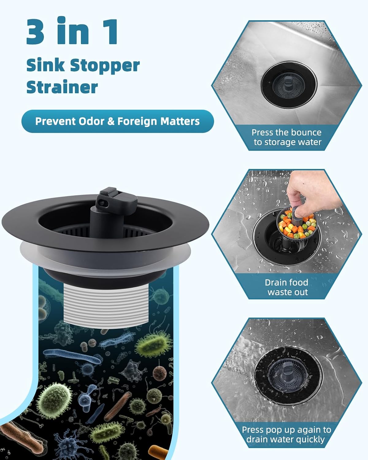 Universal 3 in 1 Kitchen Sink Drain Strainer Stopper Combo, Matte Black | Stainless Steel Shell Pop Up Sink Stopper for US Standard 3-1/2 inch Drain Filter, Anti-Clog and Easy Clean