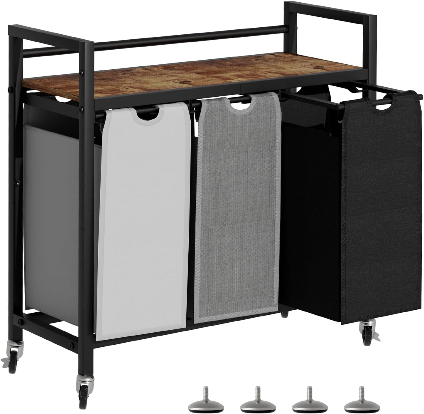 SwaaVee Laundry Sorter, Laundry Hamper 3 Section, 3×11.4Gal, Metal Frame Rolling Laundry Basket with Wooden Top Shelf, Pull out and Removable Laundry Bags, 3 Bags-Black