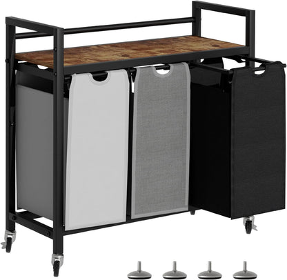 SwaaVee Laundry Sorter, Laundry Hamper 3 Section, 3×11.4Gal, Metal Frame Rolling Laundry Basket with Wooden Top Shelf, Pull out and Removable Laundry Bags, 3 Bags-Black