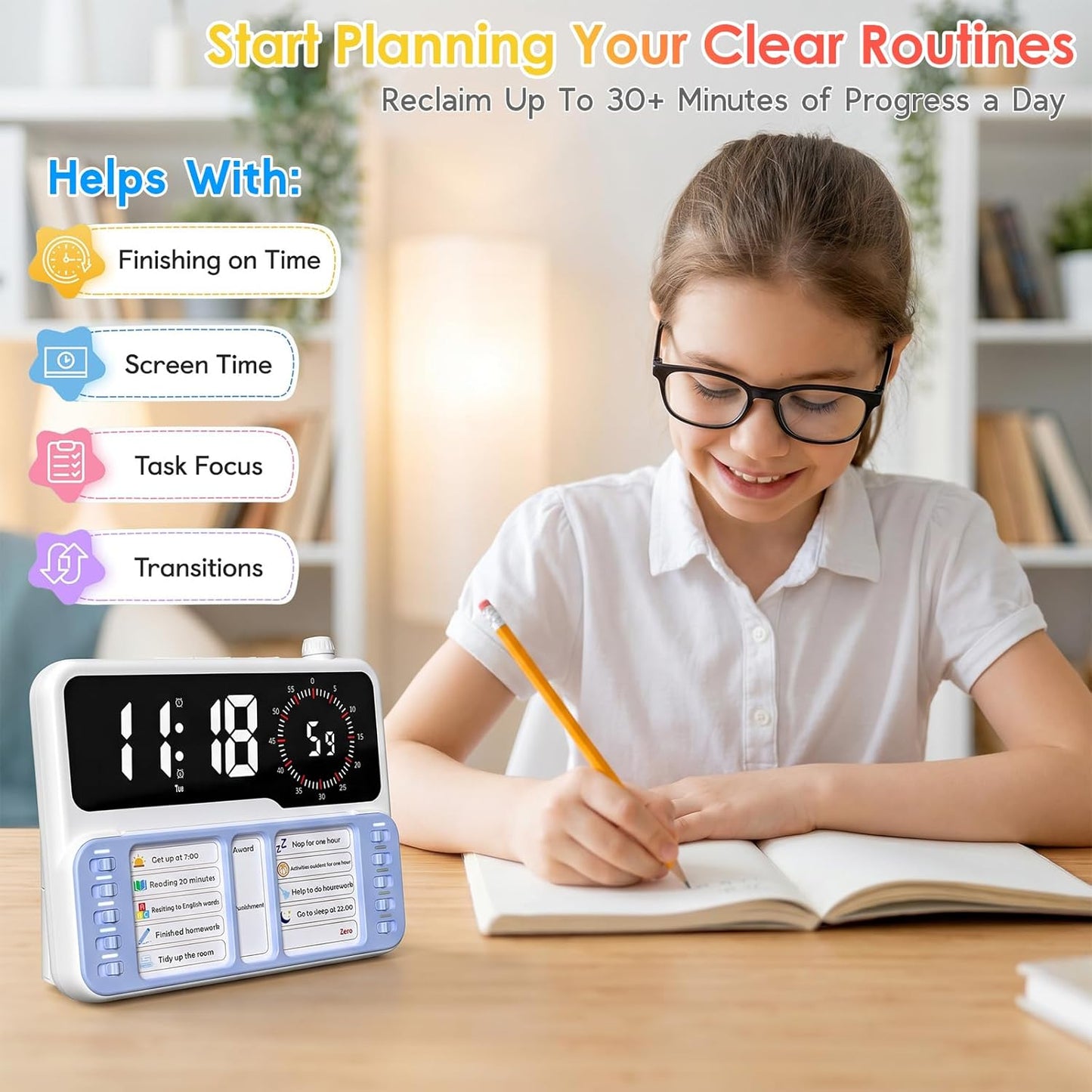 7-in-1 Visual ADHD Timer for Kids with Chore Chart Board, ADHD Tools Schedule for Kids with Autism, Alarm, Countdown, Date, Temperature, Storage, Daily Checklist for Home/School/Classroom/Desk(Pink)
