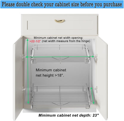 DINDON 2 Tier Pull Out Cabinet Organizer (20" W X 21" D), Double Tier Wire Basket Slide Out Shelf Storage for Kitchen Base Cabinet Organization for Kitchen, Pantry, Bathroom, Chrome