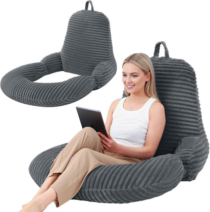 Reading Pillow for Bed, Backrest Pillow with Arms for Adult | Bed Pillow for Sitting Up, Back Support Pillows for Sleeping, Reading and Gaming with Shredded Memory Foam, Gray