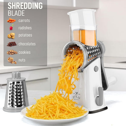 Zulay Kitchen Rotary Cheese Grater 5 Blade Cheese Shredder - Manual Hand Crank Cheese Grater With Reinforced Suction & 5 Interchangeable Drums - Easy to Use, Vegetable Chopper Round Mandoline Slicer - Colors B