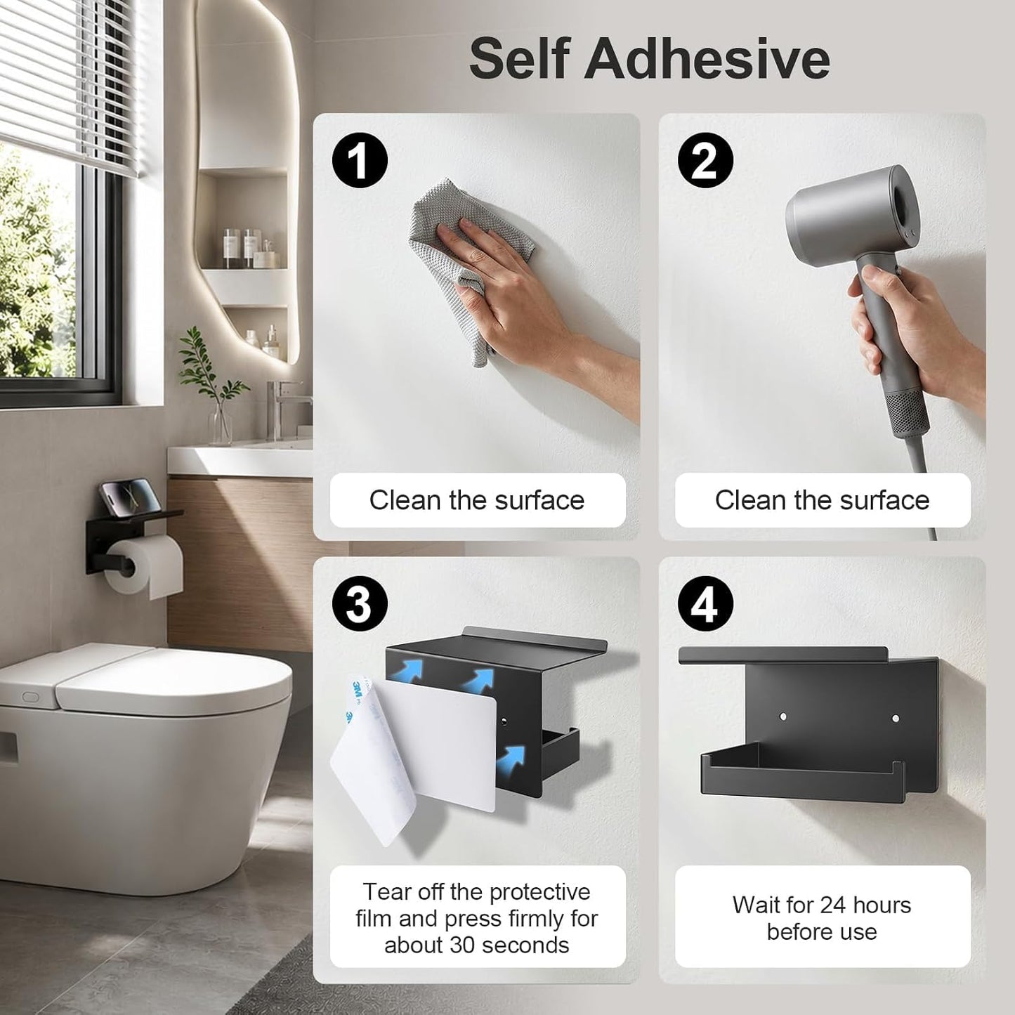 Matte Black Toilet Paper Holder with Shelf | No-Drill Adhesive Wall Mount, Rustproof，For Bathroom, Washroom, RV, Kitchen, Washroom, Convenient Storage Shelf