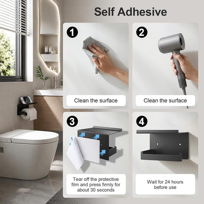Matte Black Toilet Paper Holder with Shelf | No-Drill Adhesive Wall Mount, Rustproof，For Bathroom, Washroom, RV, Kitchen, Washroom, Convenient Storage Shelf