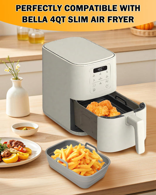 Air Fryer Silicone Liners Collapsible for bella 6Qt(5lb) Slim Air Fryer | 2-Pack Reusable Airfryer Silicone Pot Baking Basket Insert Accessories, Non Stick, Easy Cleaning, Gray+Black