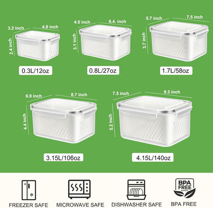 5 Pack Fruit Storage Containers for Fridge with Removable Colander, Produce Containers BPA-free Fridge Organizer to Keep Berry Lettuce Vegetable Fresh, Dishwasher & Microwave Safe