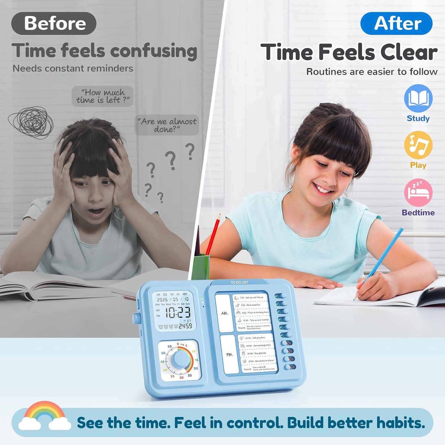 3-in-1 Visual Timer for Kids, Chore Chart for Kids, Visual Schedule（Blue） | To do list board, routine chart for home, school, classroom, ADHD/autism visual support, checklist, silent vibration alerts
