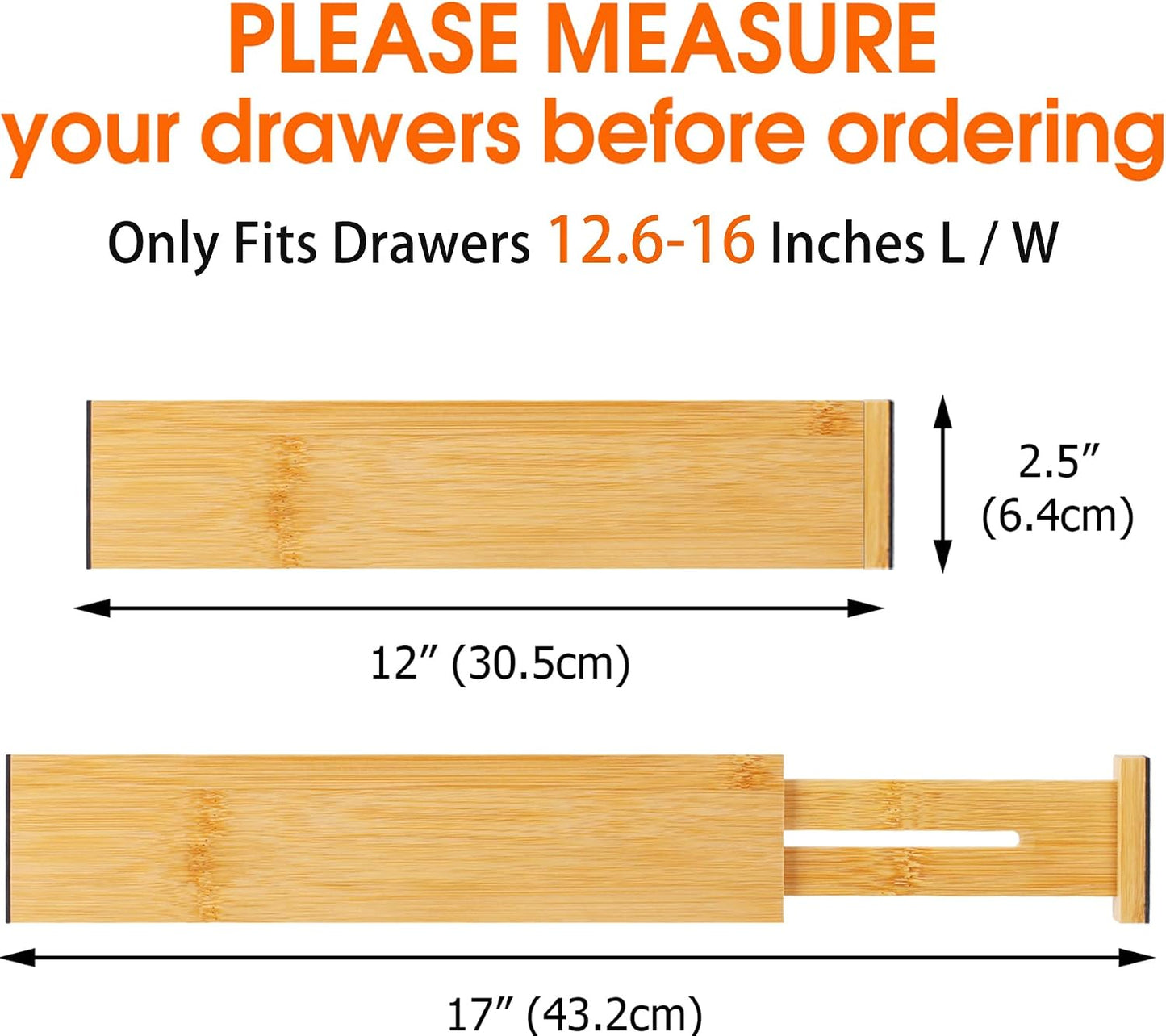 Bamboo Drawer Dividers, Adjustable Drawer Organizers, Fits 12.6–16" Drawers | 2.5" High, 4 Pack Expandable Drawer Separators for Kitchen, Nursery, Dressers & Office Storage, Natural