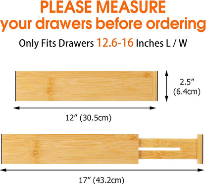 Bamboo Drawer Dividers, Adjustable Drawer Organizers, Fits 12.6–16" Drawers | 2.5" High, 4 Pack Expandable Drawer Separators for Kitchen, Nursery, Dressers & Office Storage, Natural