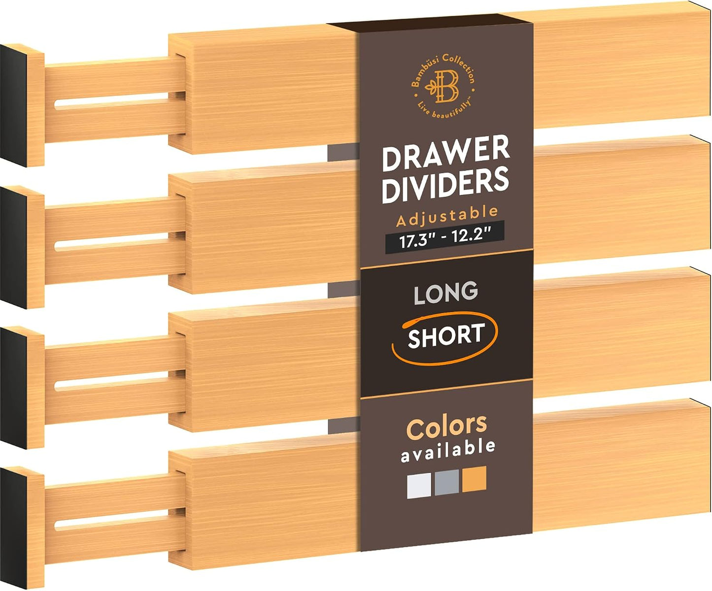 6-Pack Deep Drawer Dividers 4-Inch High Dresser Drawer Organizer, Bamboo | Adjustable 11.5-17 Inch Spring-Loaded Separators for Clothes, Utensils, Socks, Bedroom, Bathroom, Kitchen, Office, No Tools