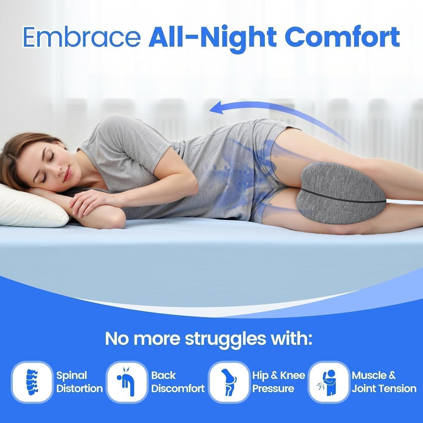 Knee Pillow for Side Sleepers, Leg Pillow with Washable Cover, Grey | Memory Foam Pillow for Sleeping Blood Circulation, Legs Spine Aligning Sciatica Back Hip Knee Support