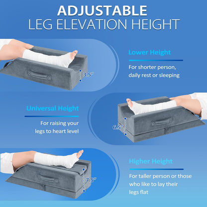 Wellsin 2 Height Adjustable Wedge Leg Pillow for Elevation, Memory Foam Leg Elevation Pillows for Swelling with 3 Handles and Washable Cover