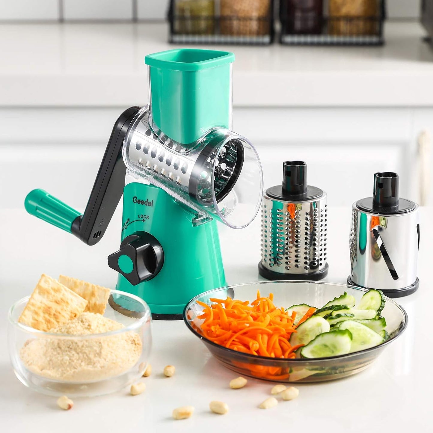 Geedel Rotary Cheese Grater, Kitchen Mandoline Vegetable Slicer with 3 Interchangeable Blades, Easy to Clean Rotary Grater Slicer for Fruit, Vegetables, Nuts | 3 Blades, 430 Stainless Steel, 12x Fast Cutting, Strong Suction Base, No BPA, Dishwasher Safe,
