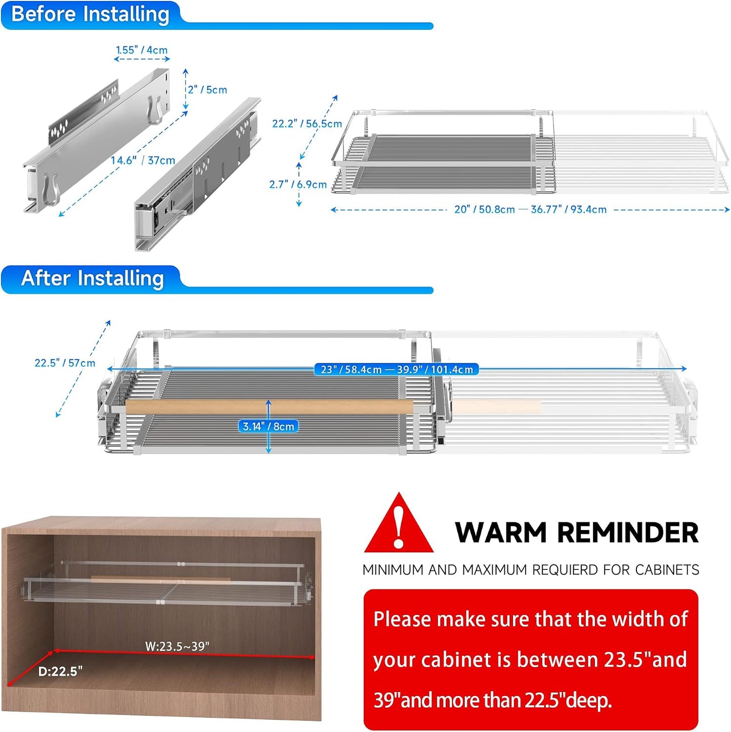 Pull Out Cabinet Organizer, 23~39.8" W x 22.5" D, 2 Pack | Expandable Pull Out Shelves for Kitchen Cabinets, Heavy Duty Stainless Steel Slide Out Pantry Shelves Sliding Shelf for Home