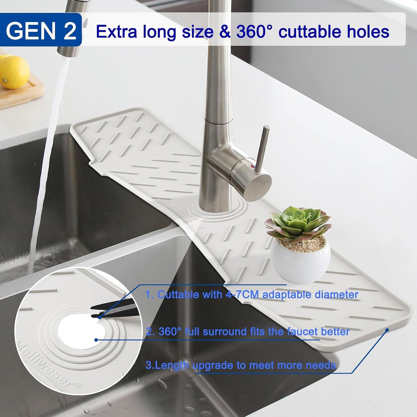 Silicone Faucet Mat for Kitchen Sink – Gen 2 Splash Guard with Upgraded Outlet & Slope – 18” x 5.1” Water Catcher & Sink Sponge Holder for Kitchen and Bathroom (Black)