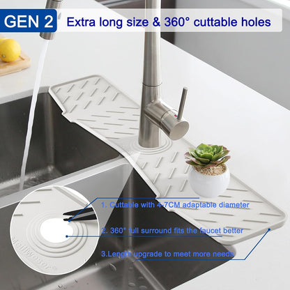 Silicone Faucet Mat for Kitchen Sink – Gen 2 Splash Guard with Upgraded Outlet & Slope – 18” x 5.1” Water Catcher & Sink Sponge Holder for Kitchen and Bathroom (Black)
