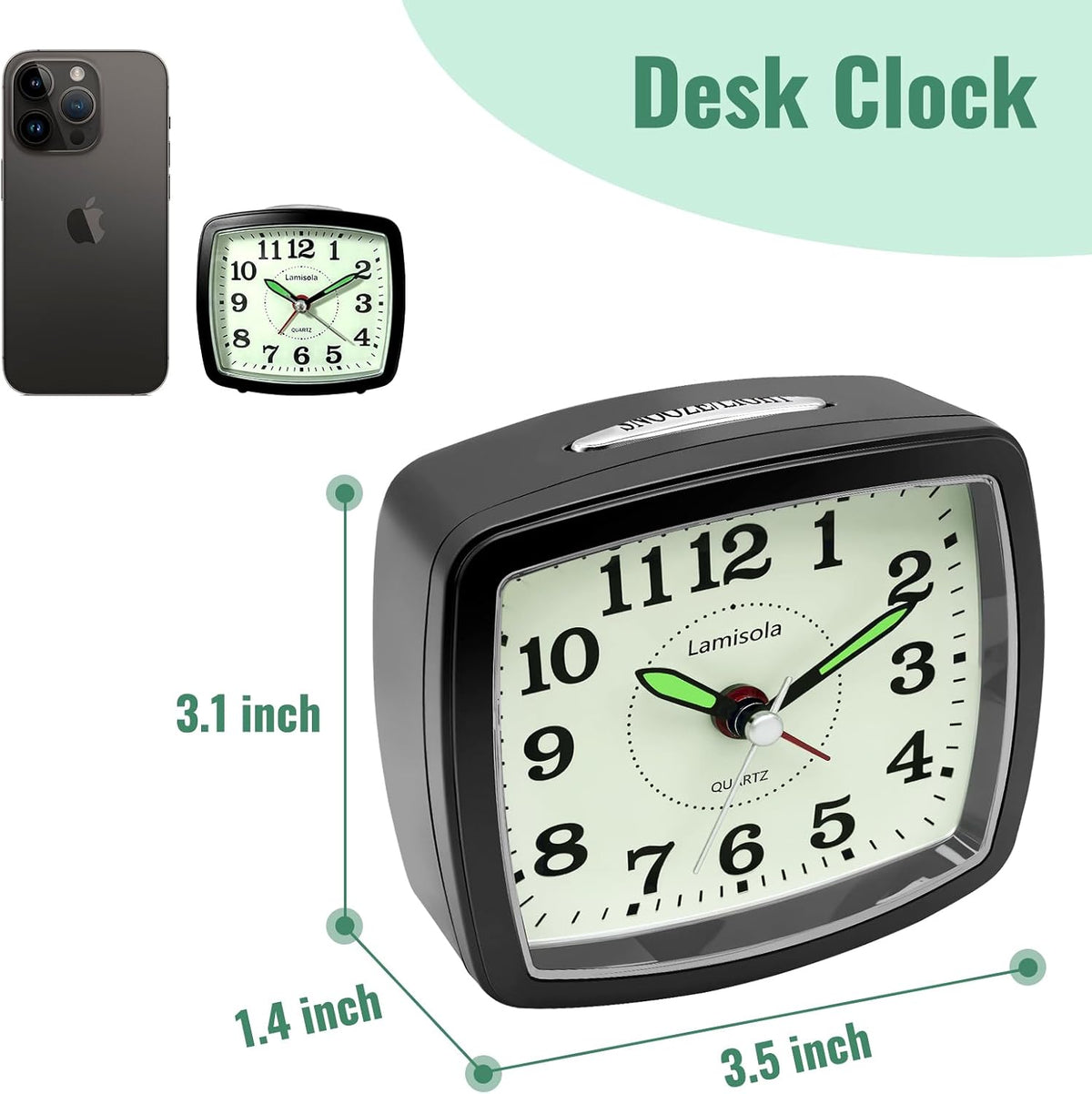 Lamisola Analog Travel Alarm Clock for Bedroom, Small Desk Clock Black