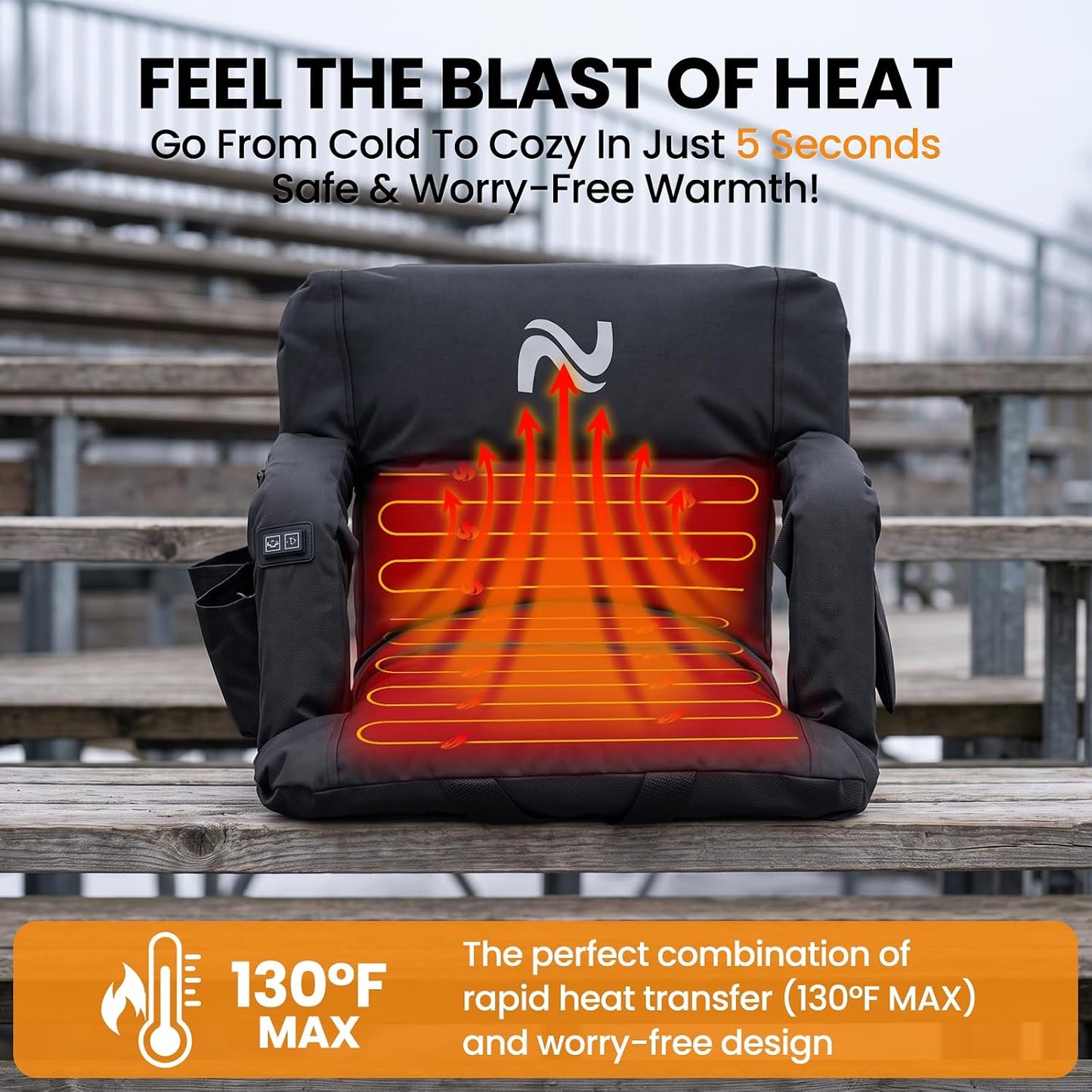 25in 5.12" Extra Thick&Wide Heated Stadium Seat for Bleachers | Sofa Style Design Thick Bleacher Chair With Back and Comfy Cushion, 6 Reclining Positions, 3 Heat Levels (NO Battery)