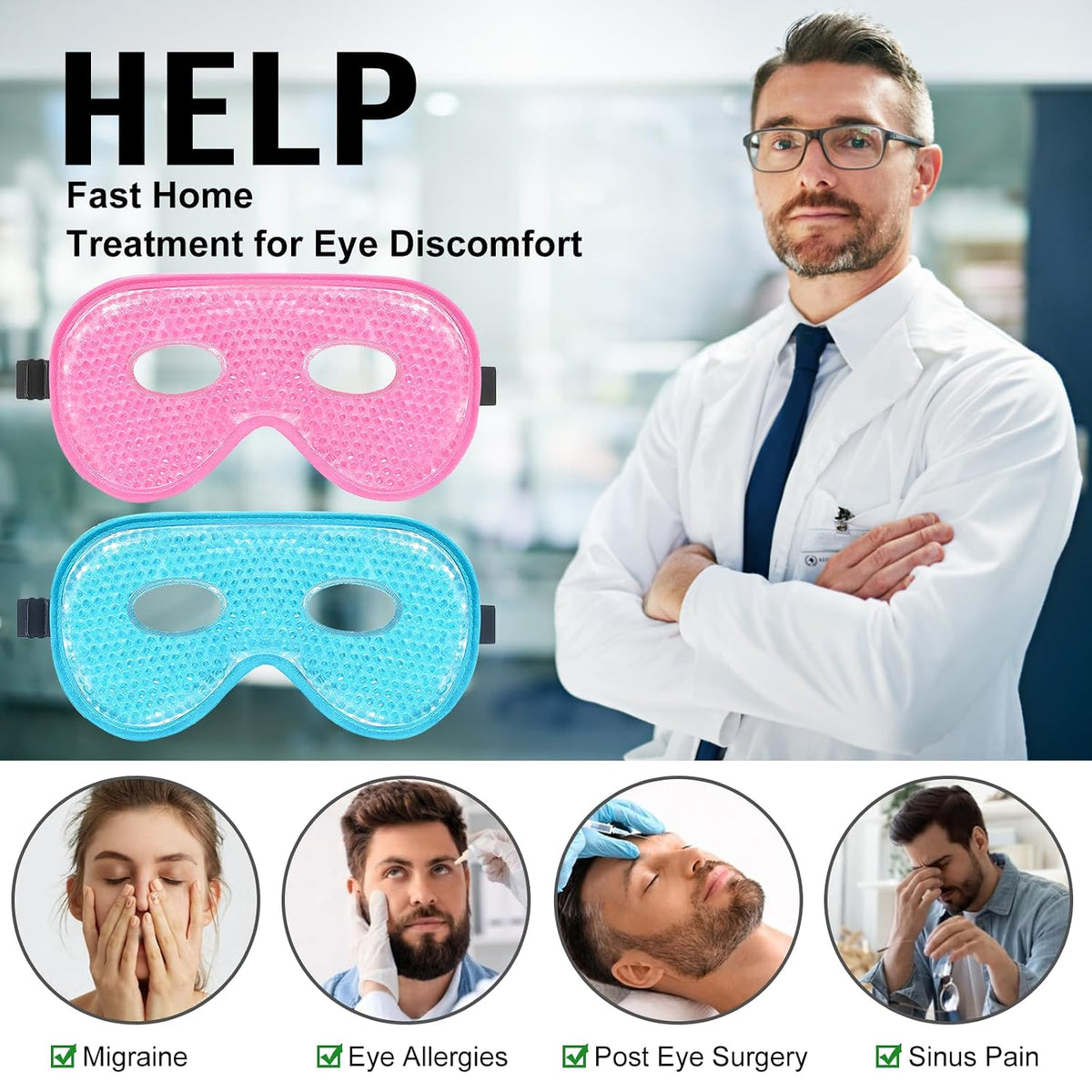 BeeVines Gel Eye Mask, XL Size Cooling Ice Masks for Puffy Eyes (2 Pack)