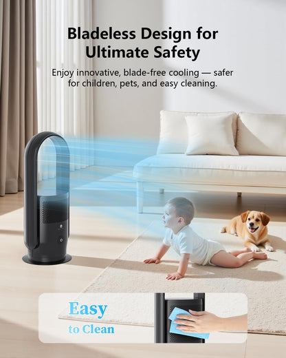 ULTTY Bladeless Tower Fan and Air Purifier Combo, Quiet Oscillating Fan with Remote & Touch Control, 9 Speeds, 8H Timer, HEPA Air Filter, Safe Floor Fan for Bedroom Home Office Black, 23.5"inch