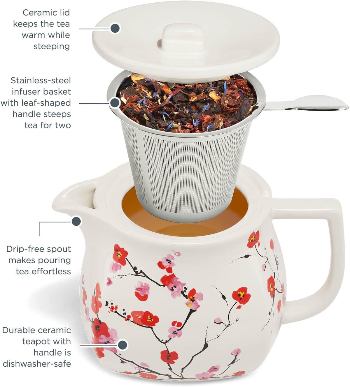 Tea Forte Ceramic Teapot with Infuser, Sakura Cherry Blossom, 24 oz