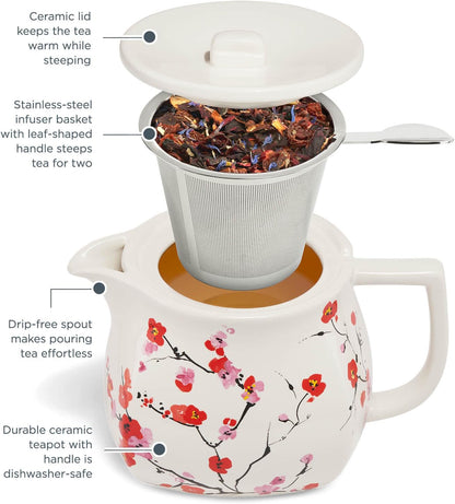 Tea Forte Ceramic Teapot with Infuser, Sakura Cherry Blossom, 24 oz