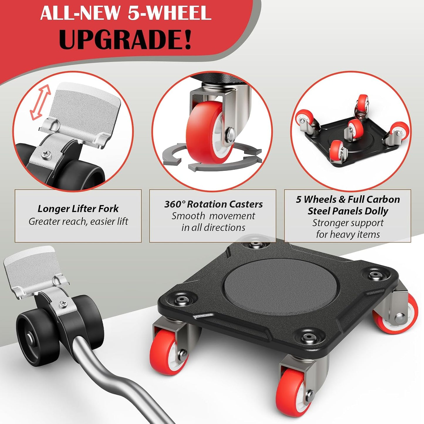 ONEON Heavy Duty Furniture Movers with Wheels Dolly with Auxiliary Lifter, All-New Upgraded Carbon Steel Panels & Dual-Wheeled Casters, Supports up to 1650 lbs (L)