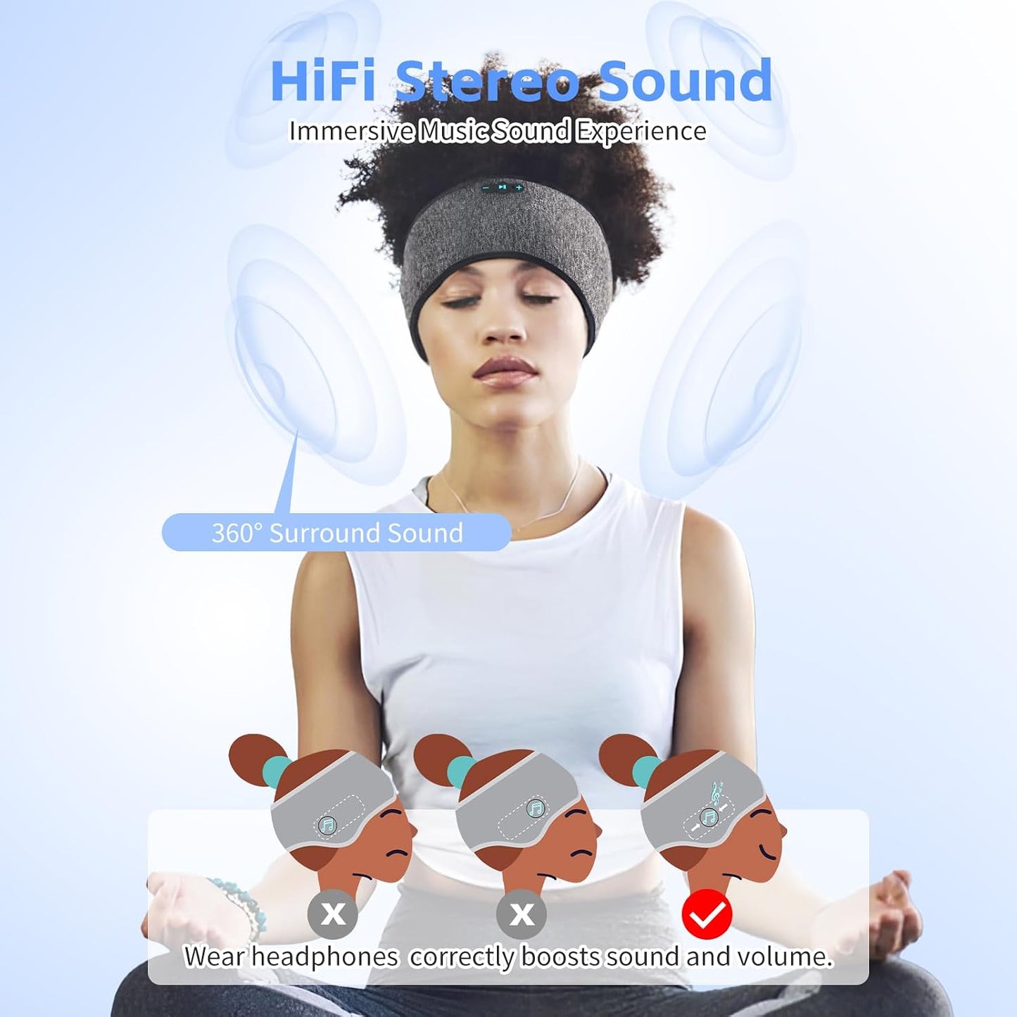 Sleep Headphones Bluetooth 6.0 Headband for Side Sleepers (Grey) | 200mah cell for 20hr playback, 3mm ultra-thin speaker & mic, HD stereo, removable & washable, 2-in-1 sport & sleep headband