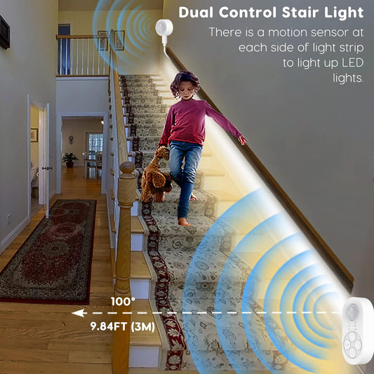 Dual Sensor Stair Lights Indoor, Motion Activated Plug-in Step Light Strip Indoor with Dimmer, Delay Timer for Stairway (Warm White 3000K (16.4FT Light Strip), Power Adapter (16.4FT Cable))