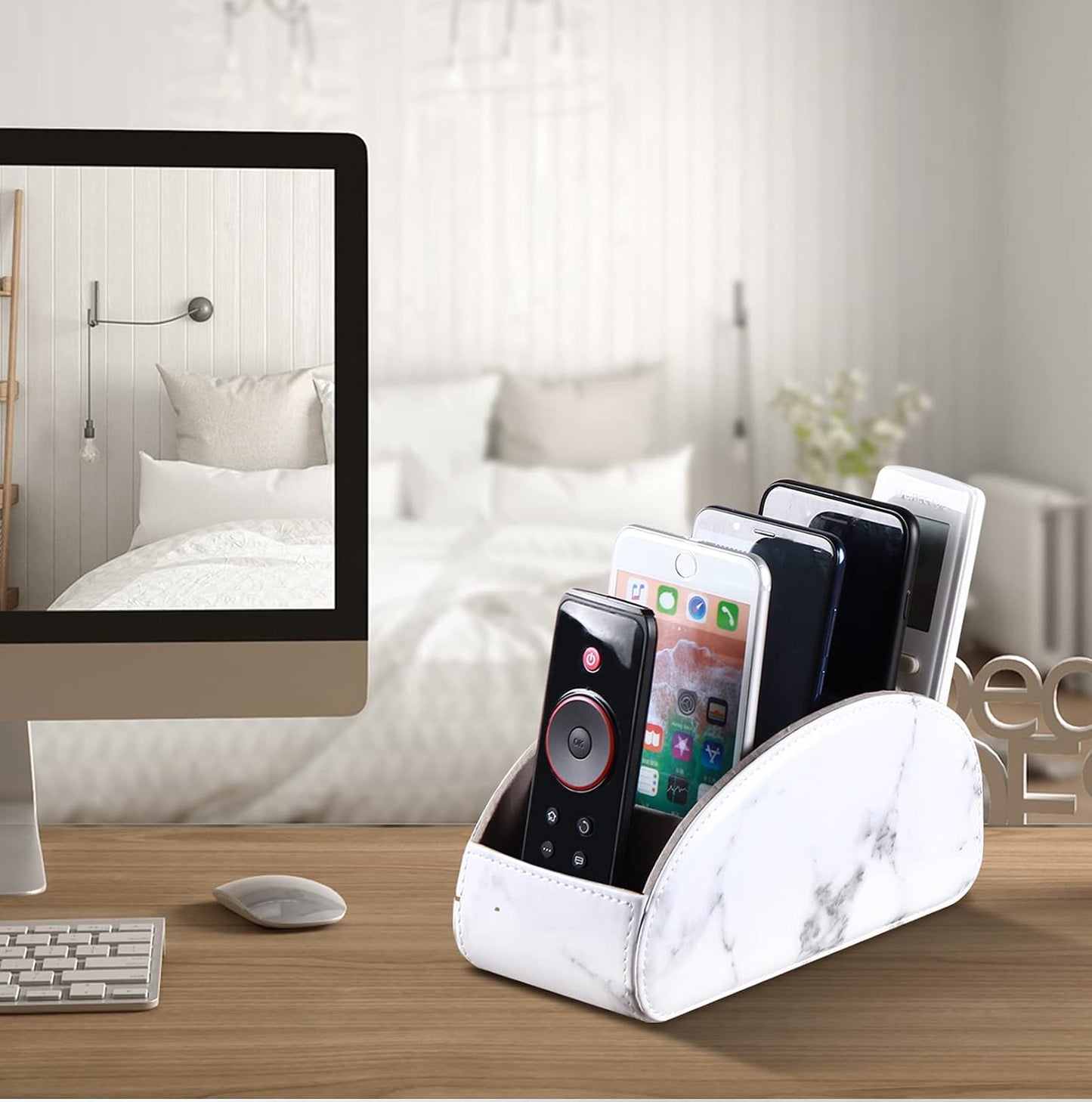 Pu Leather TV Remote Control Holder with 5 Compartments,Remote Caddy/Tray | Bedside Table Desk Storage Box/Organizer for Pen,DVD,Blu-Ray,Media Player,Heater Controller,Cosmetics,Glasses,Office Supplies