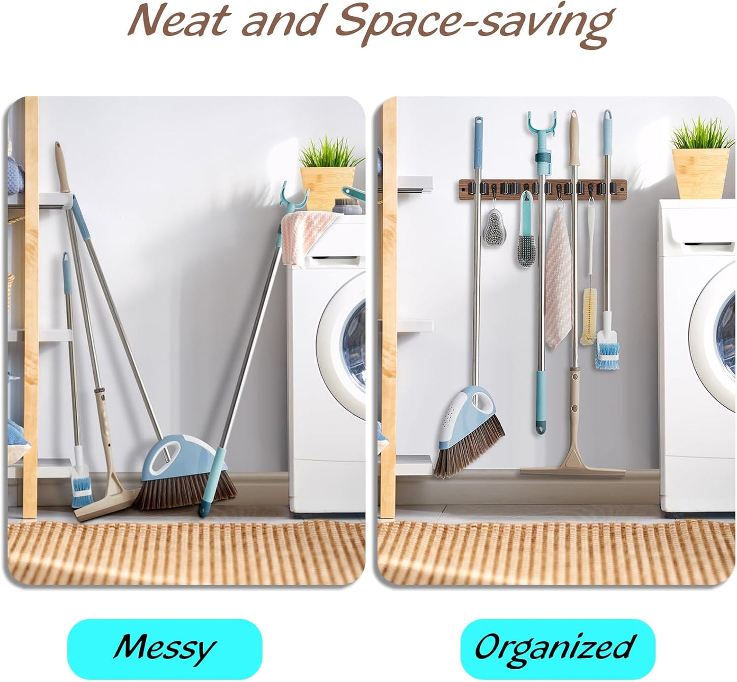 OUTNILI Mop and Broom Holder Wall Mount - Wood Broom Mop Hanger - Wall Mounted Garden Tool Rack Organizer for Closet Garage Laundry Room, Rustic Kitchen Decor With 4 Slots & 4 Hooks