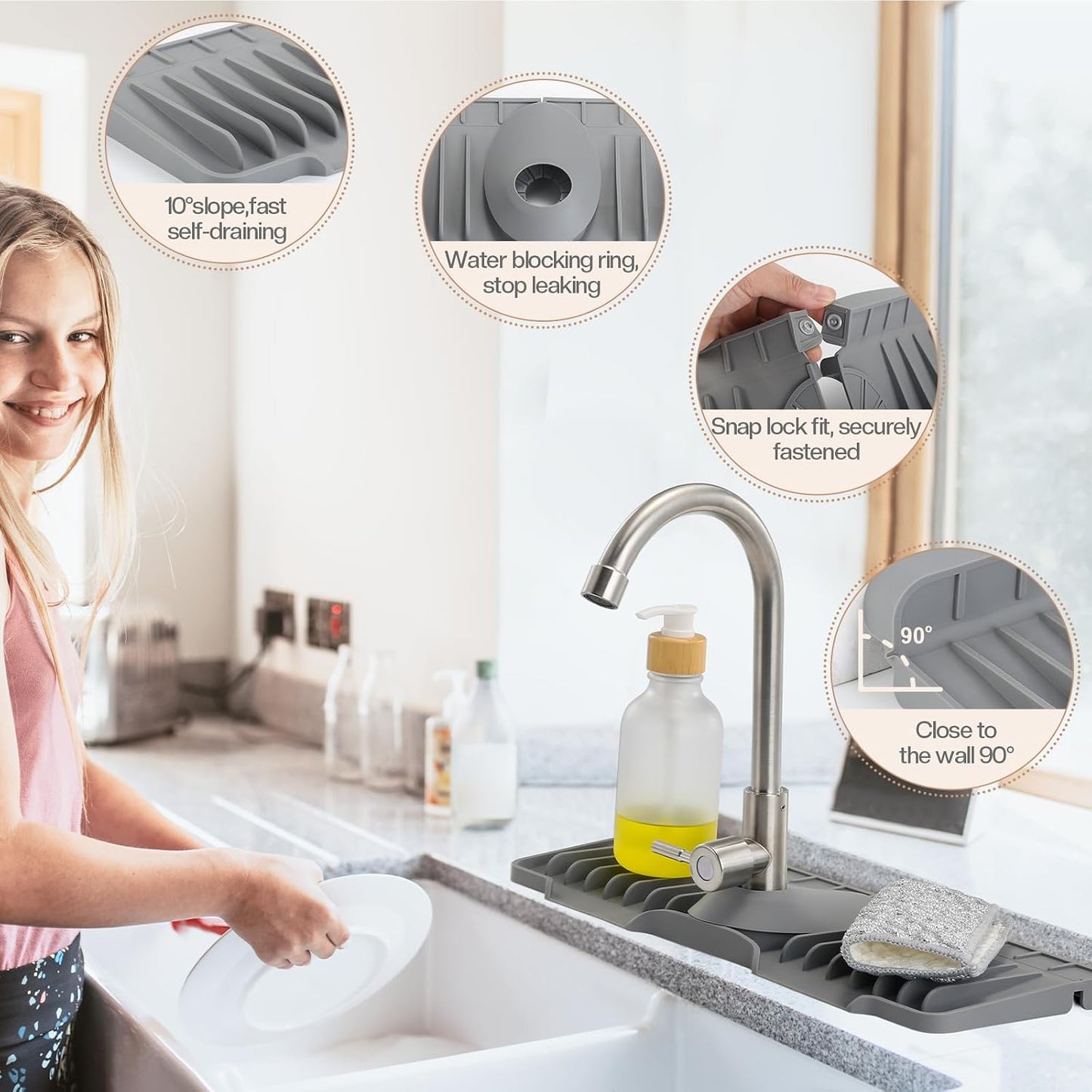 15.75 Inch Kitchen Sink Faucet Mat, Sink Protector&Splash Guard | Silicone, 10°Slope, Fast Self-draining, Snap Lock Fit, for Kitchen and Bathroom Countertop -15.75"x 5.51"