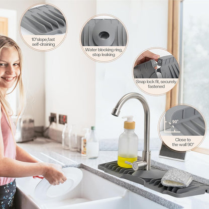 15.75 Inch Kitchen Sink Faucet Mat, Sink Protector&Splash Guard | Silicone, 10°Slope, Fast Self-draining, Snap Lock Fit, for Kitchen and Bathroom Countertop -15.75"x 5.51"