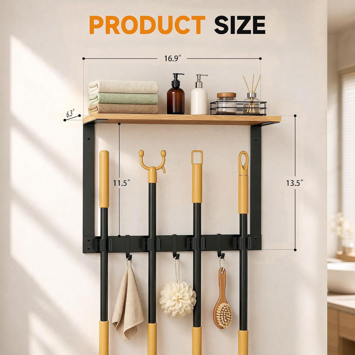 Broom Holder Wall Mount, Broom and Mop Organizer Wall Hanging with Solid Wood Frame,Organizer Rack Built with 4 Grippers & 3 Hooks; Broom Hanger Wall Mount for Laundry Room, Garages and Storage Room