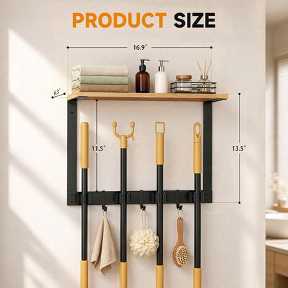 Broom Holder Wall Mount, Broom and Mop Organizer Wall Hanging with Solid Wood Frame,Organizer Rack Built with 4 Grippers & 3 Hooks; Broom Hanger Wall Mount for Laundry Room, Garages and Storage Room