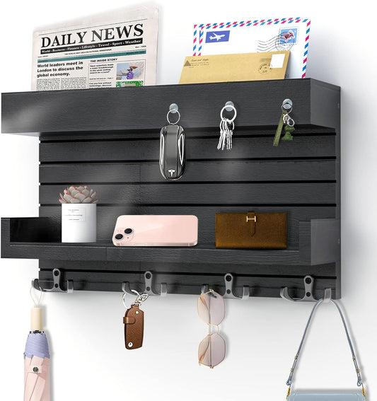 Key Holder for Wall with 4 Key Hooks, Wooden Key Rack Double Shelf Hanger | Key Holder for Wall, Mail Sorter Organizer, Mail Key Organizer, Rustic Home Decor for Entryway Hallway, Wall Decorative