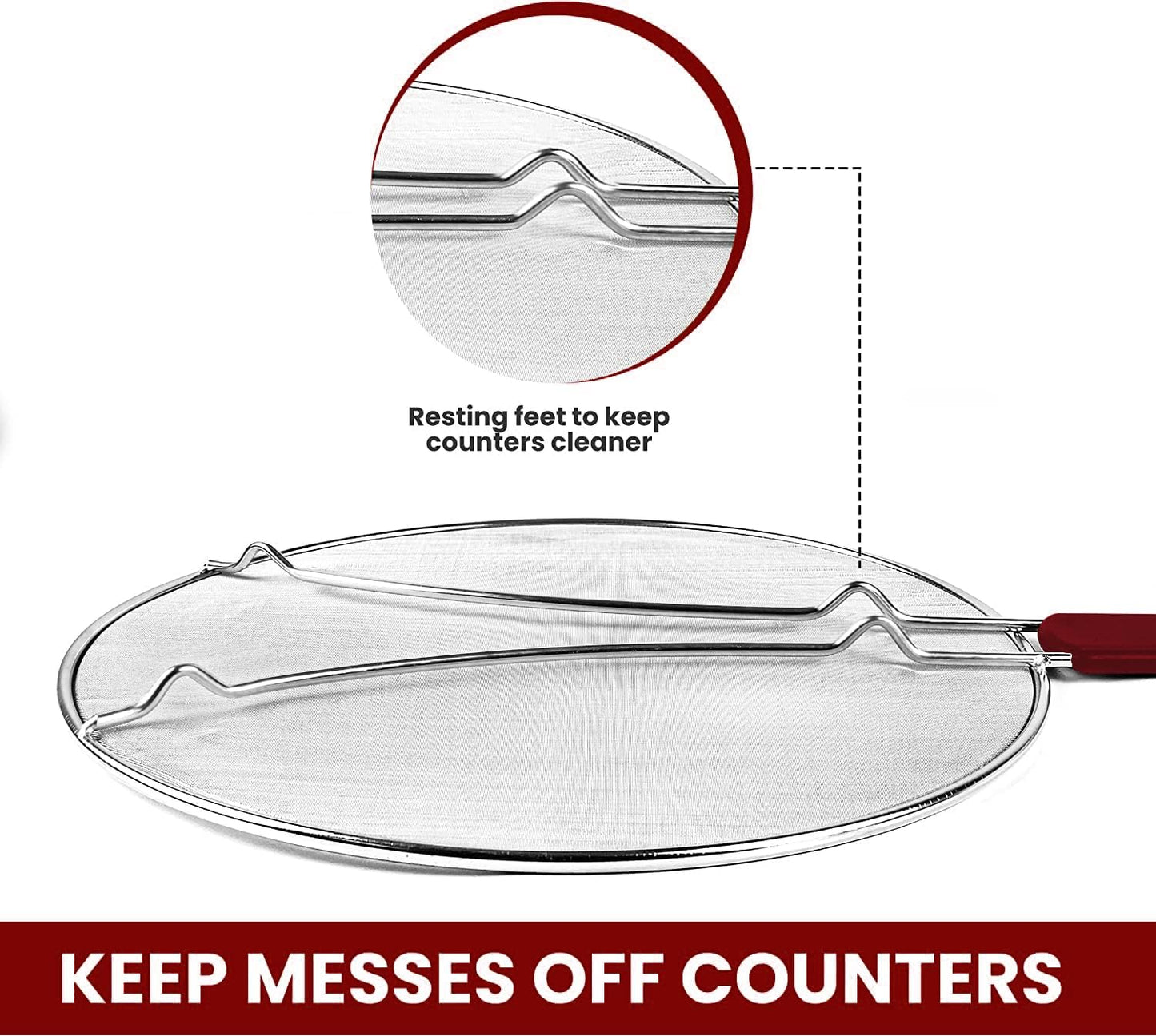 13" Grease Splatter Screen for Cooking | Stainless Steel Oil Splatter Guard and Ultra-Fine Mesh Protects Skin from Burns | TPR Tight-Grip Handle (Red)