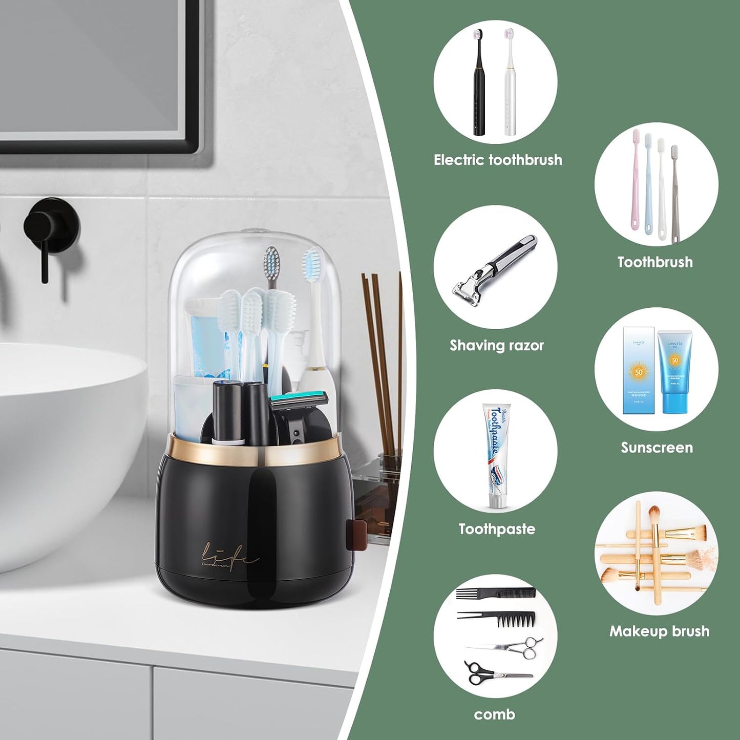 Toothbrush Holders, Toothbrush Holders for Bathrooms, Makeup Brush Holder | Toothbrush and Toothpaste Holder, Rotatable Toothbrush Holder with Transparent Dust Cover, Multi Drainage Vent Holes