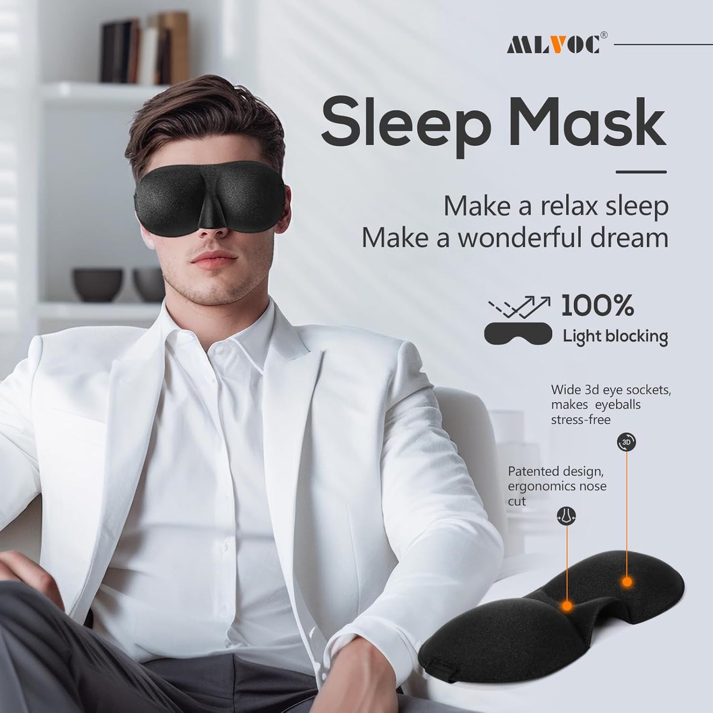 MLVOC Airplane Travel Neck Pillow for Sleeping, 3D-Eye Mask & Earplugs Kit | Curved Neck & Chin Support, Rope Lock Fit, Memory Foam Keeps It’s Shape, 3-in-1 Ki Includes: Eye Mask + Earplugs